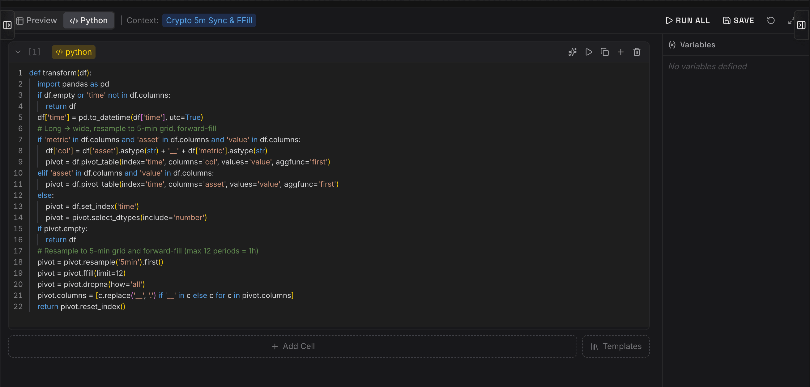 Orpheon Python editor for resampling, pivoting, and forward filling a 5-minute crypto time series