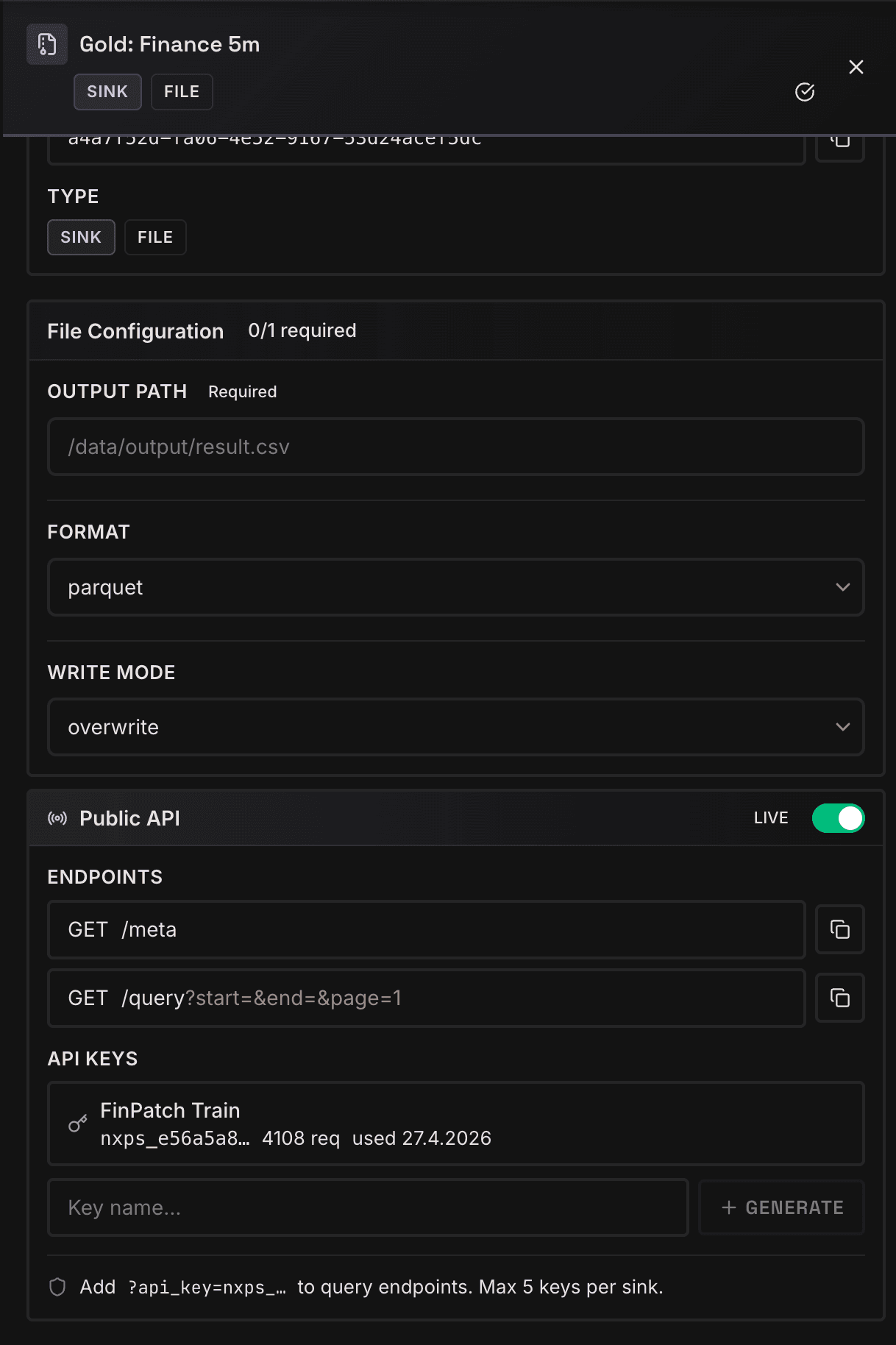 Orpheon Gold Layer Konfiguration mit Parquet-Ausgabe, Public API, Meta- und Query-Endpunkten sowie API Keys