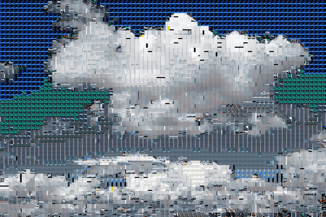 Mosaikartiges Bild von Wolken, zusammengesetzt aus Bauteilen von Servern und Rechenzentren.